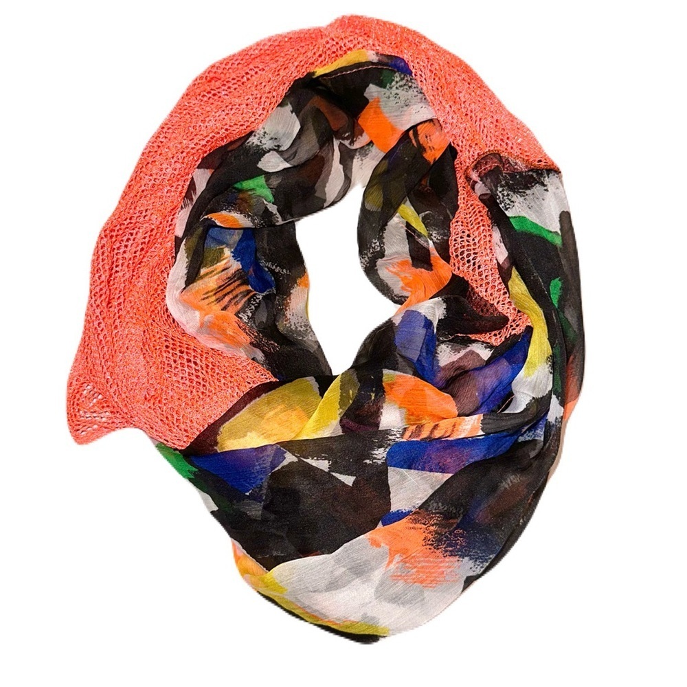 Bright orange, blue, green, black infinity scarf